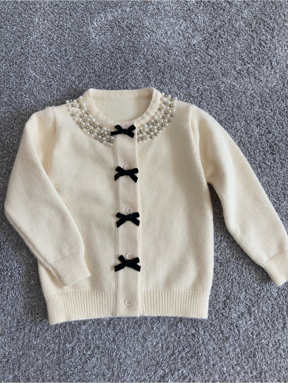 Girls Cream Pearl-Trim Cardigan with Black Bows